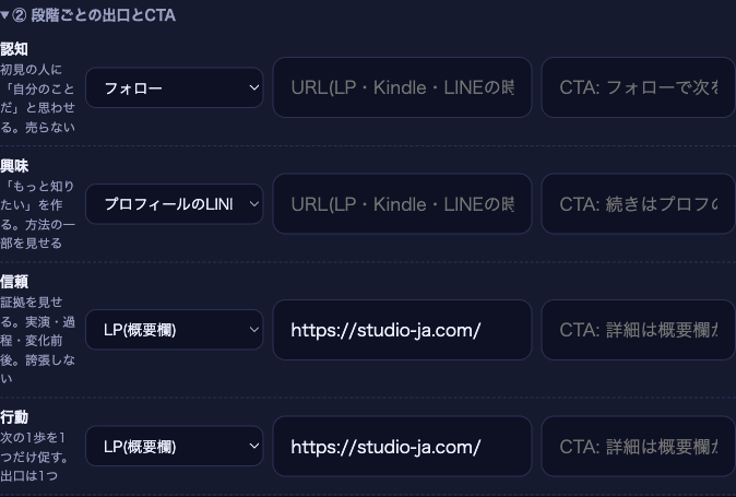 段階ごとの出口とCTAの設定画面